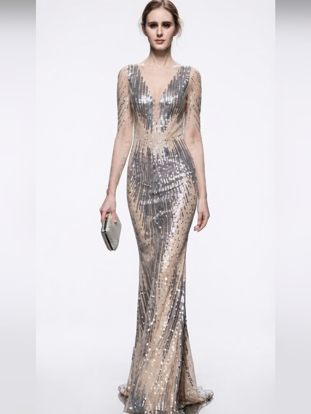 Silver/Gray Striped Print, V Neck, Backless,  Sleeveless,  Beaded, Sequined Gown